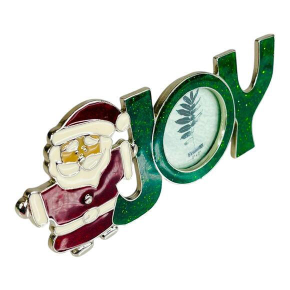 Santa Joy Picture Frame 6.5” Christmas Decor Holds 2” Round Photo Glitter Vtg - Picture 2 of 7